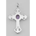 Back view of Cross Pendant with Amethyst showing 925 sterling silver hallmark and spring ring clasp