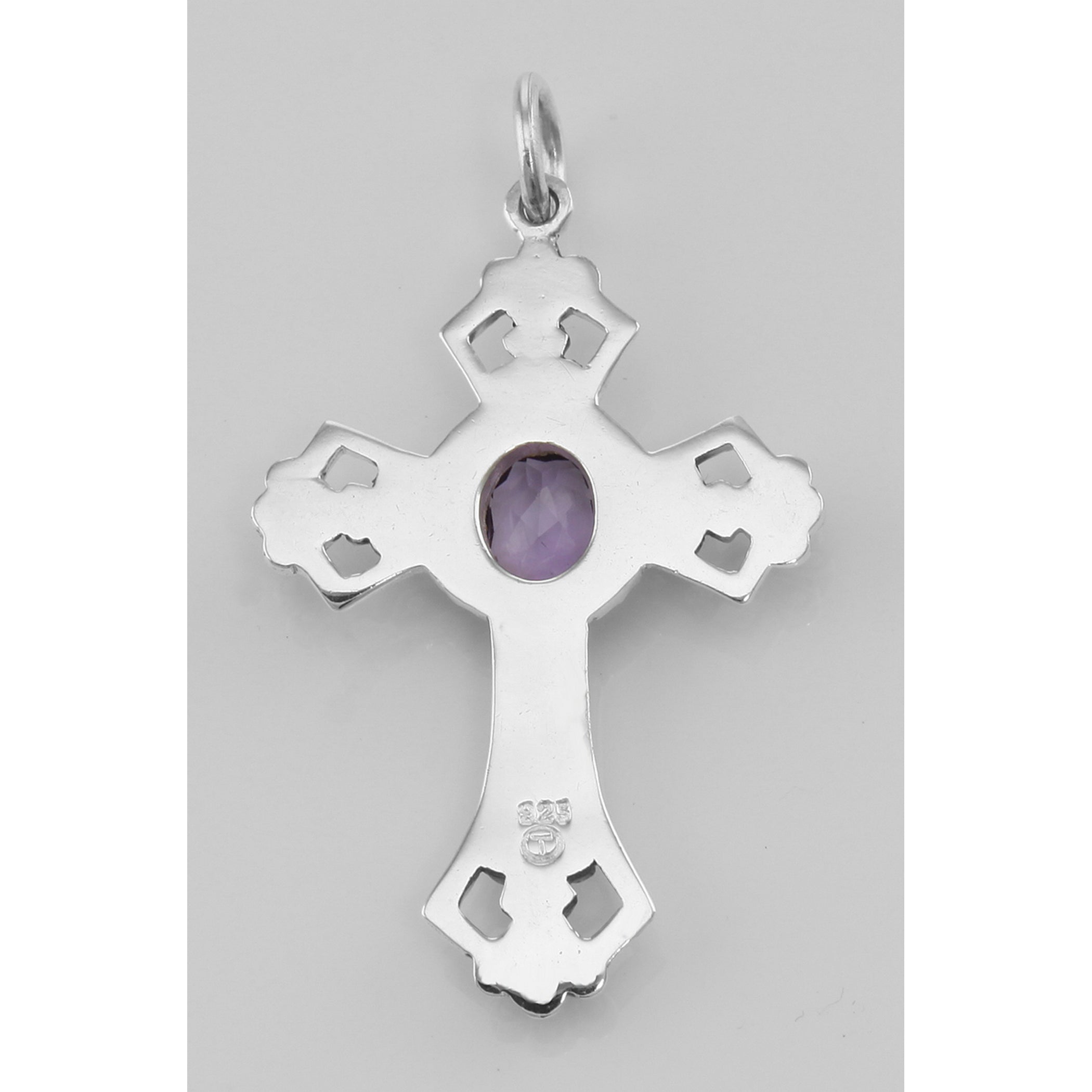 Back view of Cross Pendant with Amethyst showing 925 sterling silver hallmark and spring ring clasp