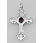 Back view of Cross Pendant with Garnet showing 925 sterling silver hallmark and spring ring clasp