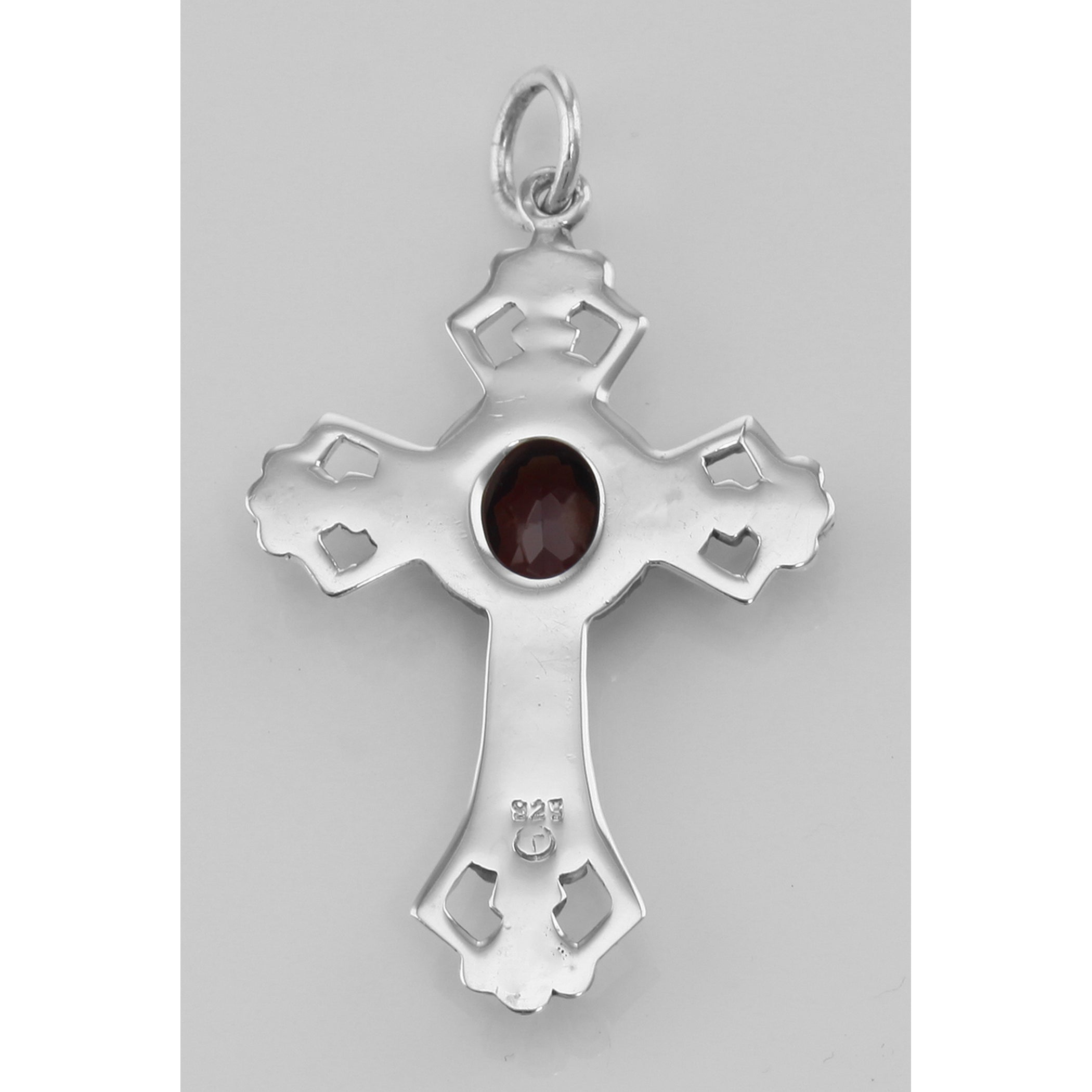 Back view of Cross Pendant with Garnet showing 925 sterling silver hallmark and spring ring clasp