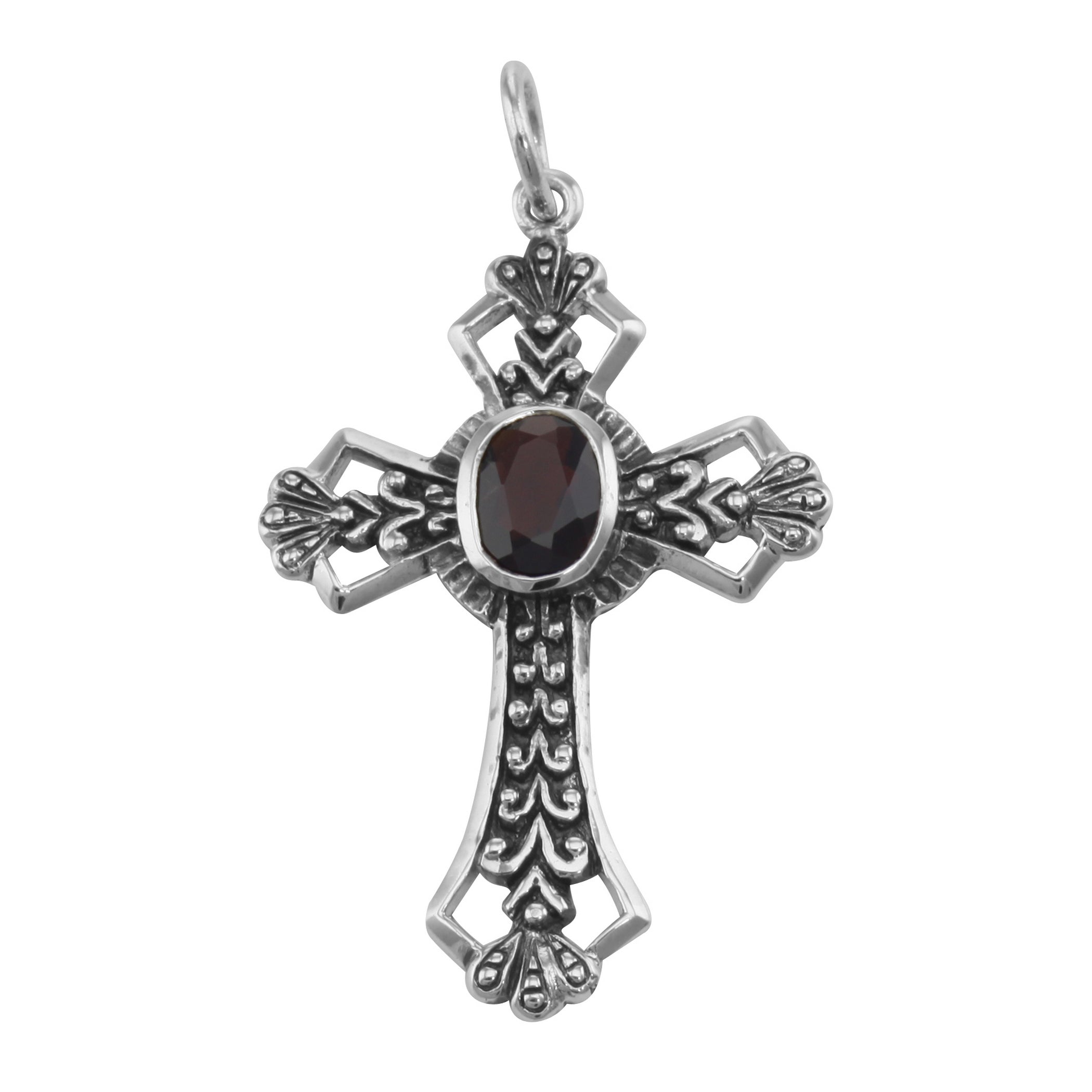 Garnet, sterling silver pendants, front view