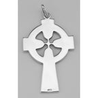 Back view of Classic Celtic Design Cross Pendant in Fine Sterling Silver showing 925 sterling silver hallmark and spring ring
