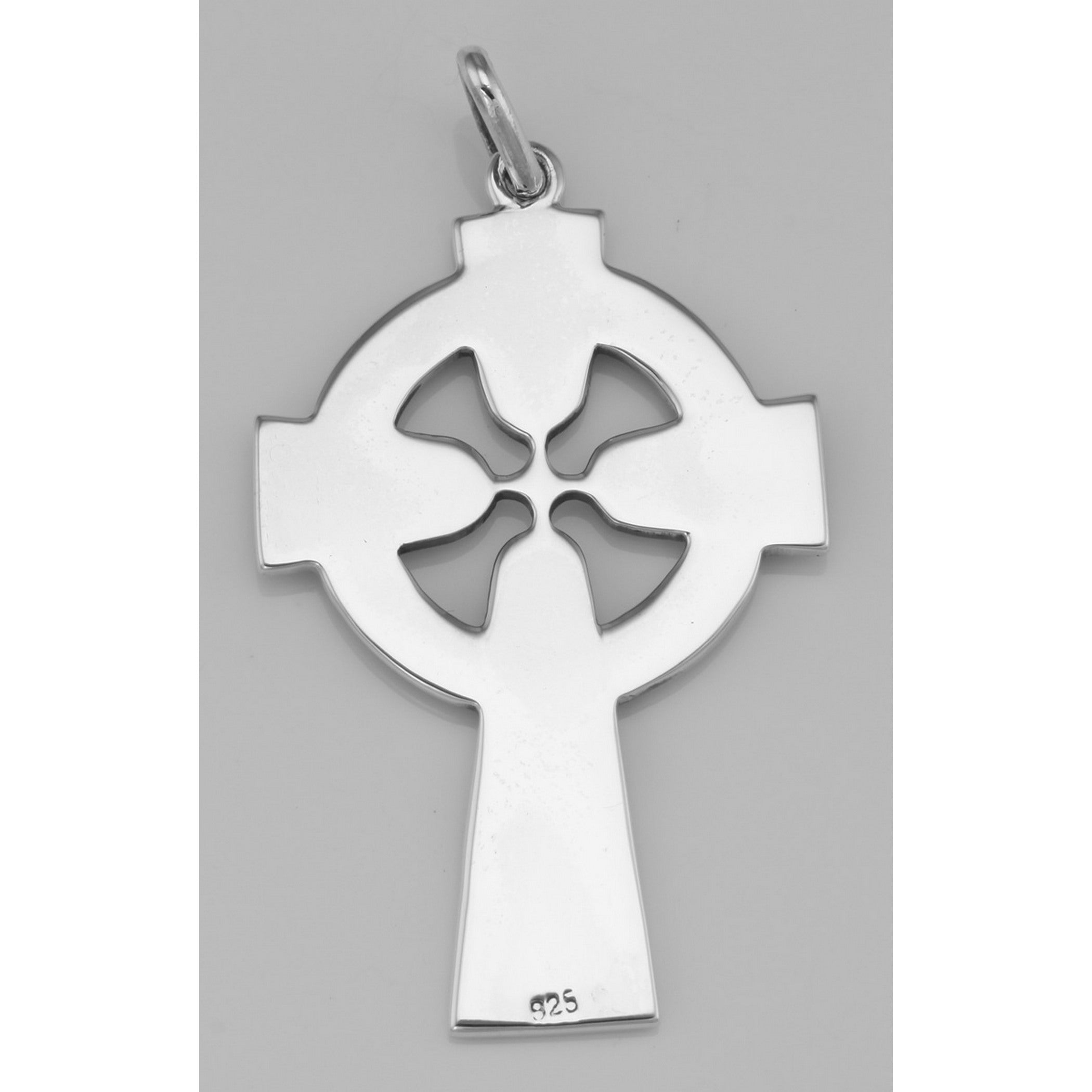 Back view of Classic Celtic Design Cross Pendant in Fine Sterling Silver showing 925 sterling silver hallmark and spring ring