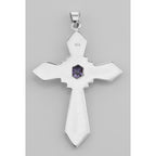 Back view of Antique Style Amethyst and Marcasite Cross Pendant showing 925 sterling silver hallmark and spring ring clasp