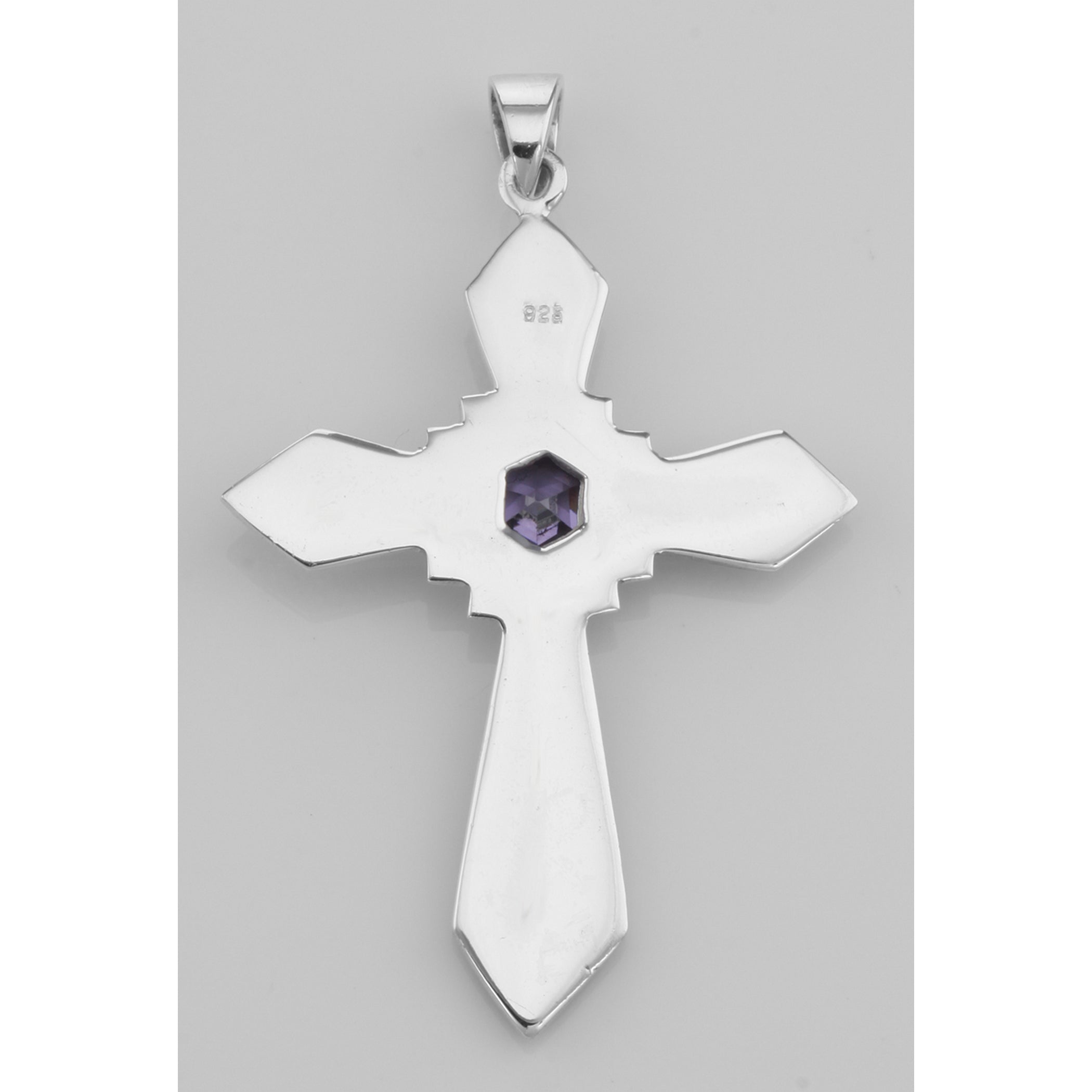 Back view of Antique Style Amethyst and Marcasite Cross Pendant showing 925 sterling silver hallmark and spring ring clasp