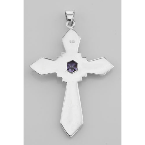 Back view of Antique Style Amethyst and Marcasite Cross Pendant showing 925 sterling silver hallmark and spring ring clasp
