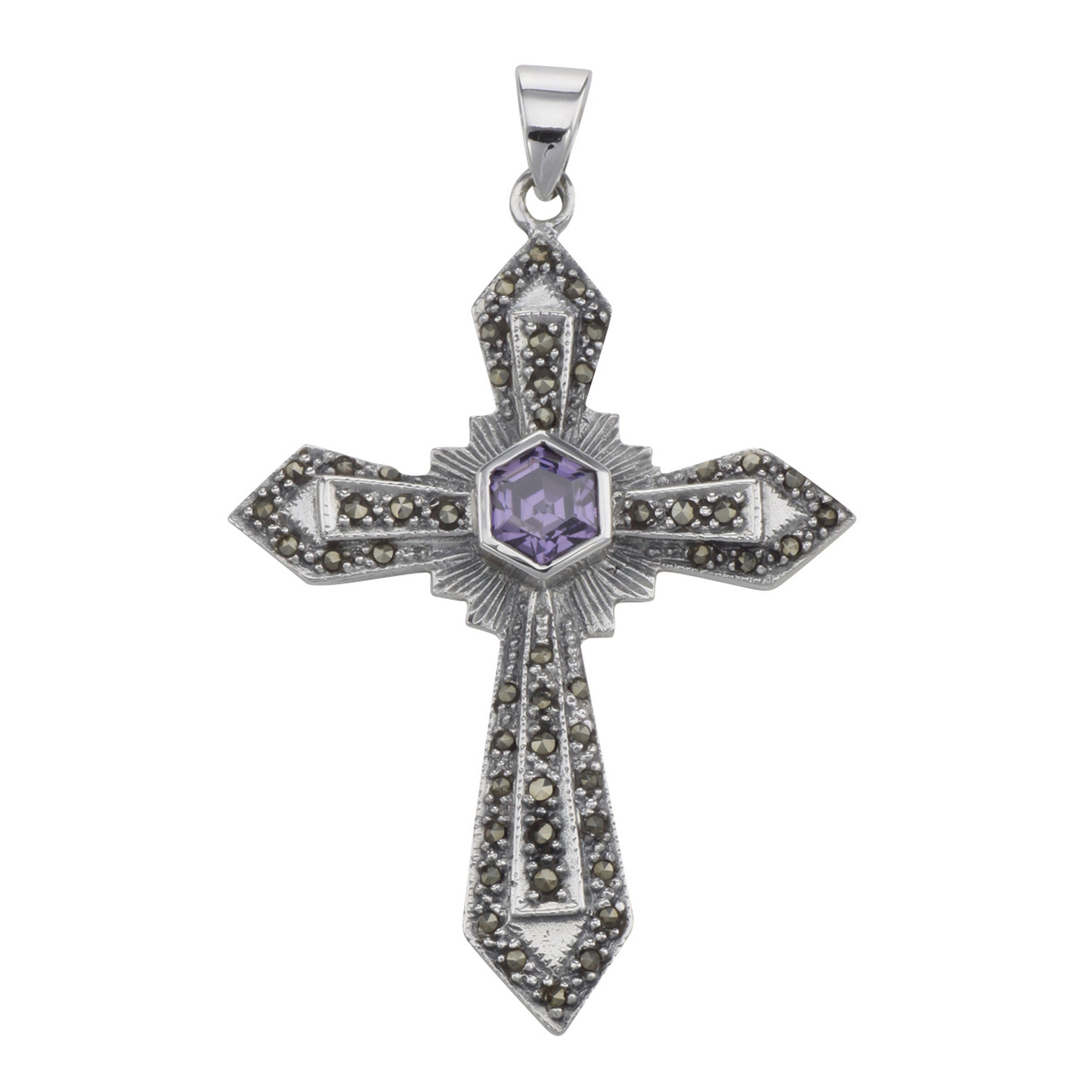 Antique style, Amethyst, Marcasite, sterling silver pendants, front view