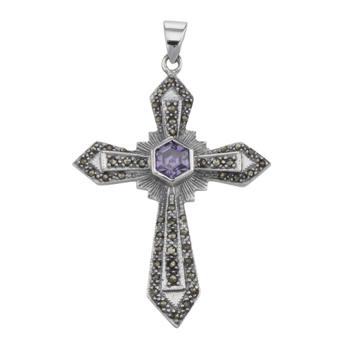 Antique style, Amethyst, Marcasite, sterling silver pendants, front view