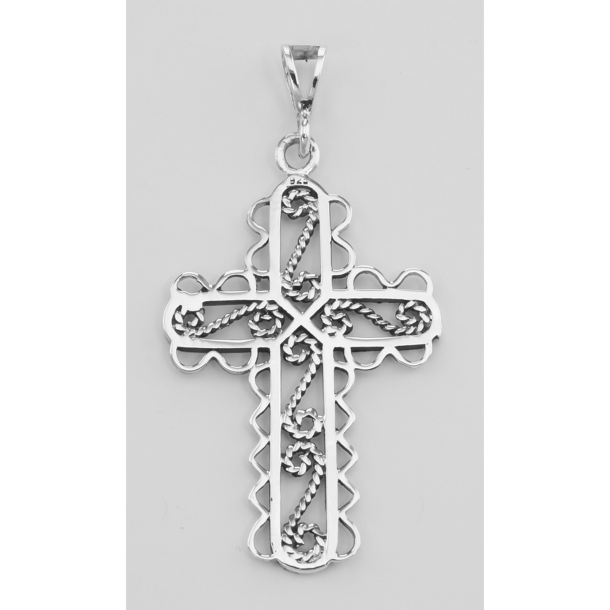 Back view of Twisted Rope Design Filigree Cross Pendant showing 925 sterling silver hallmark and spring ring clasp
