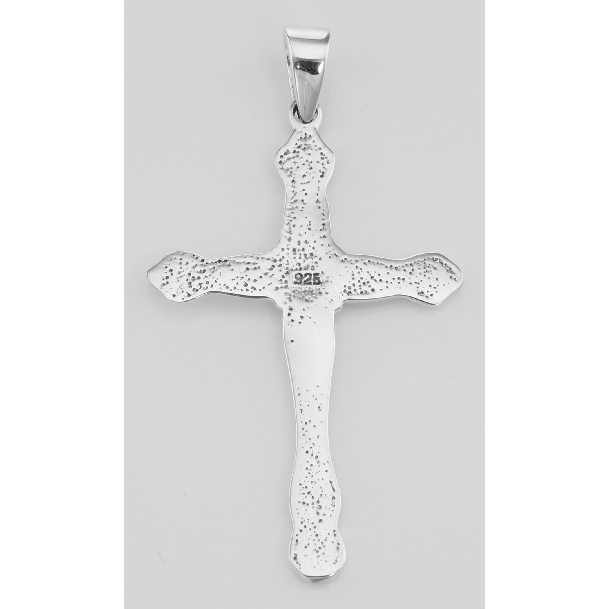 Back view of Classic Cross Pendant - Crucifix showing 925 sterling silver hallmark and spring ring clasp