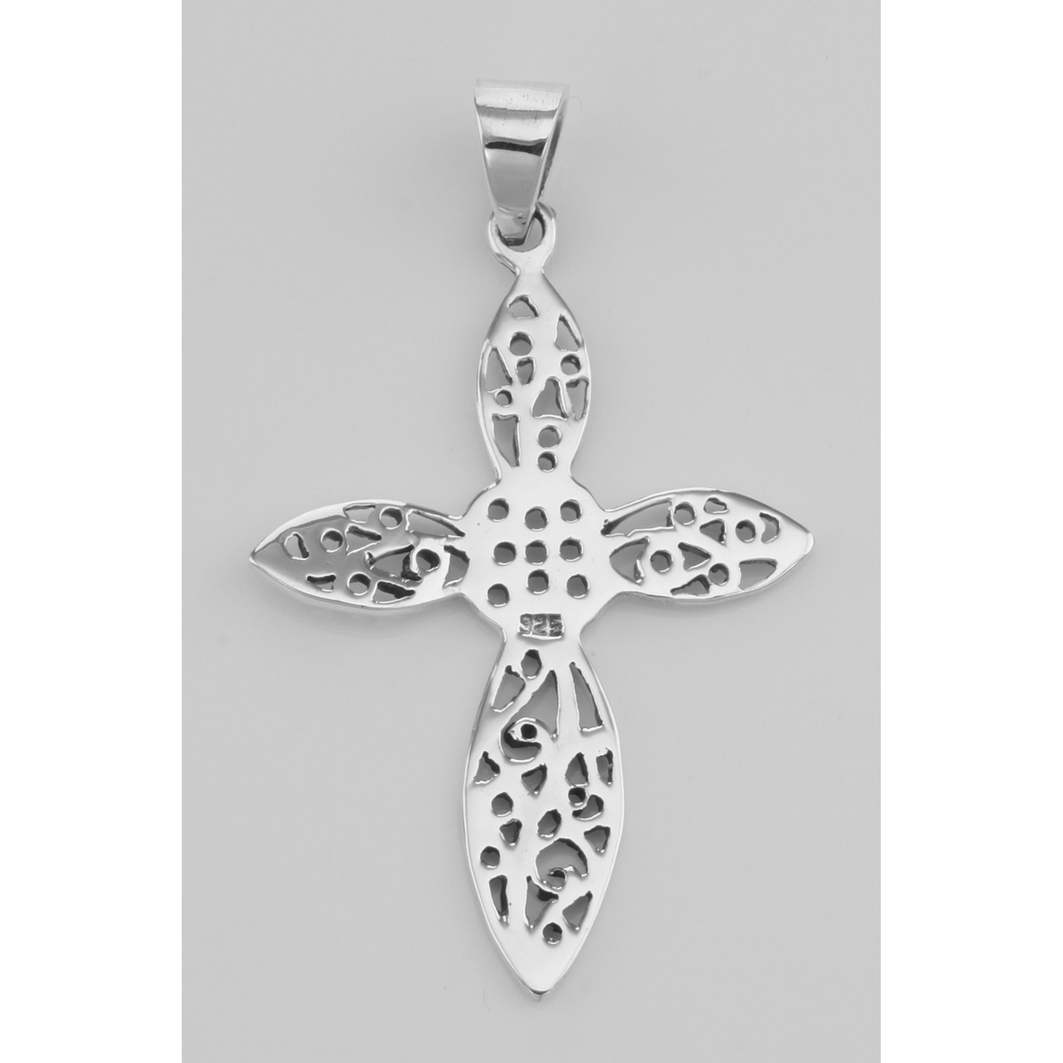 Back view of Beautiful Antique Style Filigree Cross Pendant showing 925 sterling silver hallmark and spring ring clasp