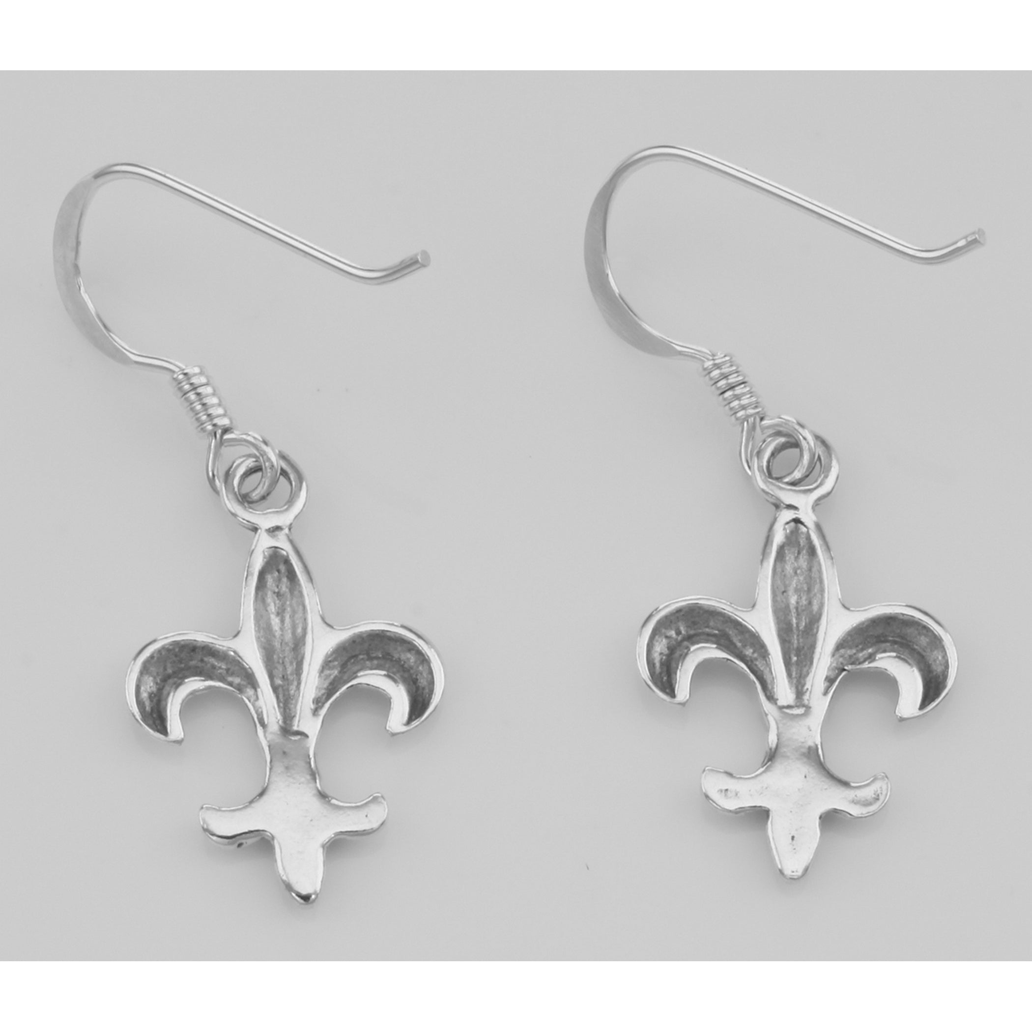 Back view of Cute French Style Fleur de Lis Earrings showing 925 sterling silver hallmark and French wire hooks