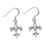 Polished sterling silver fleur de lis drop earrings, classic French symbol charm pendants on French wire hooks