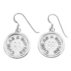 Sterling silver round button drop earrings engraved 'Cute As A Button' with 4 holes, oxidized finish, French wire hooks