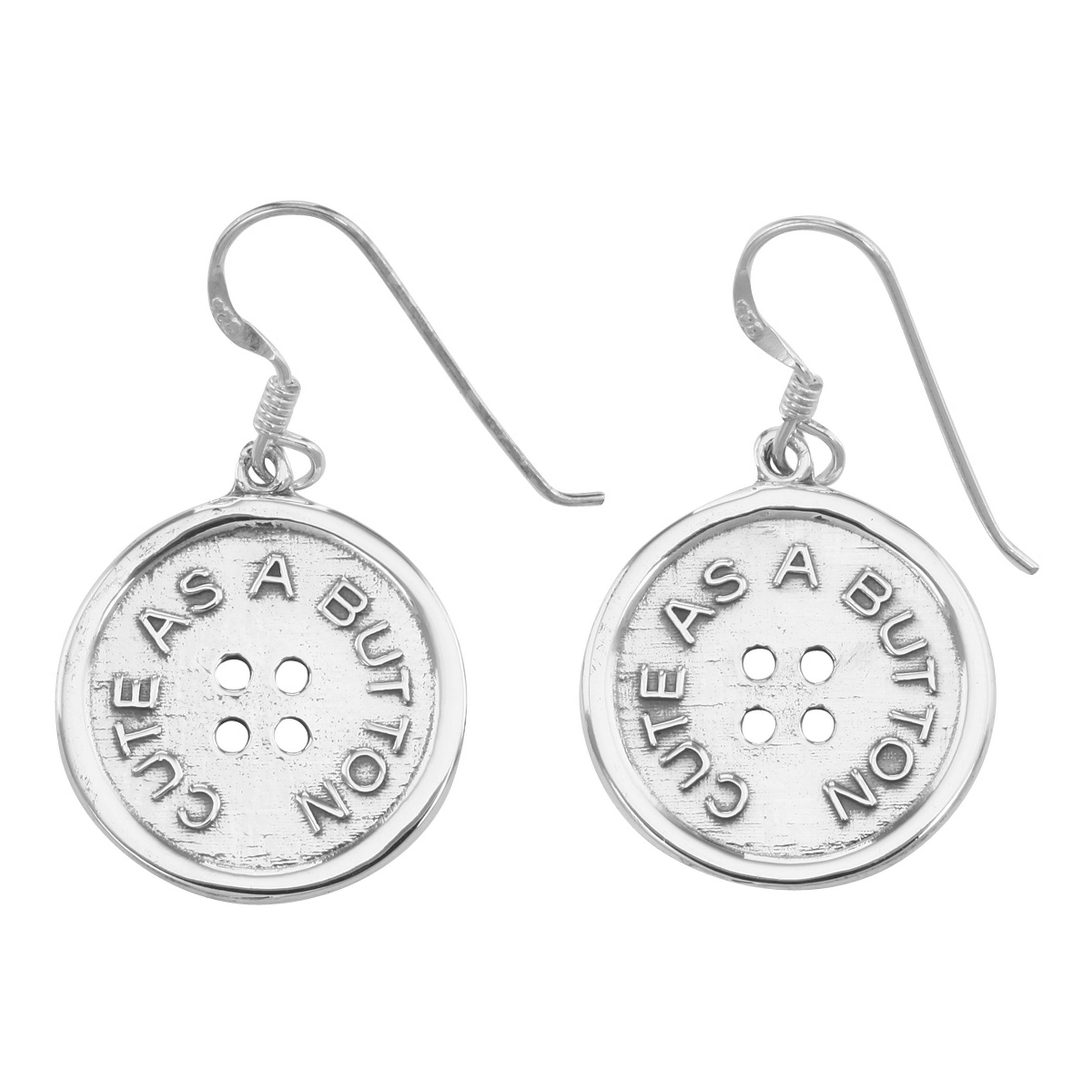 Sterling silver round button drop earrings engraved 'Cute As A Button' with 4 holes, oxidized finish, French wire hooks