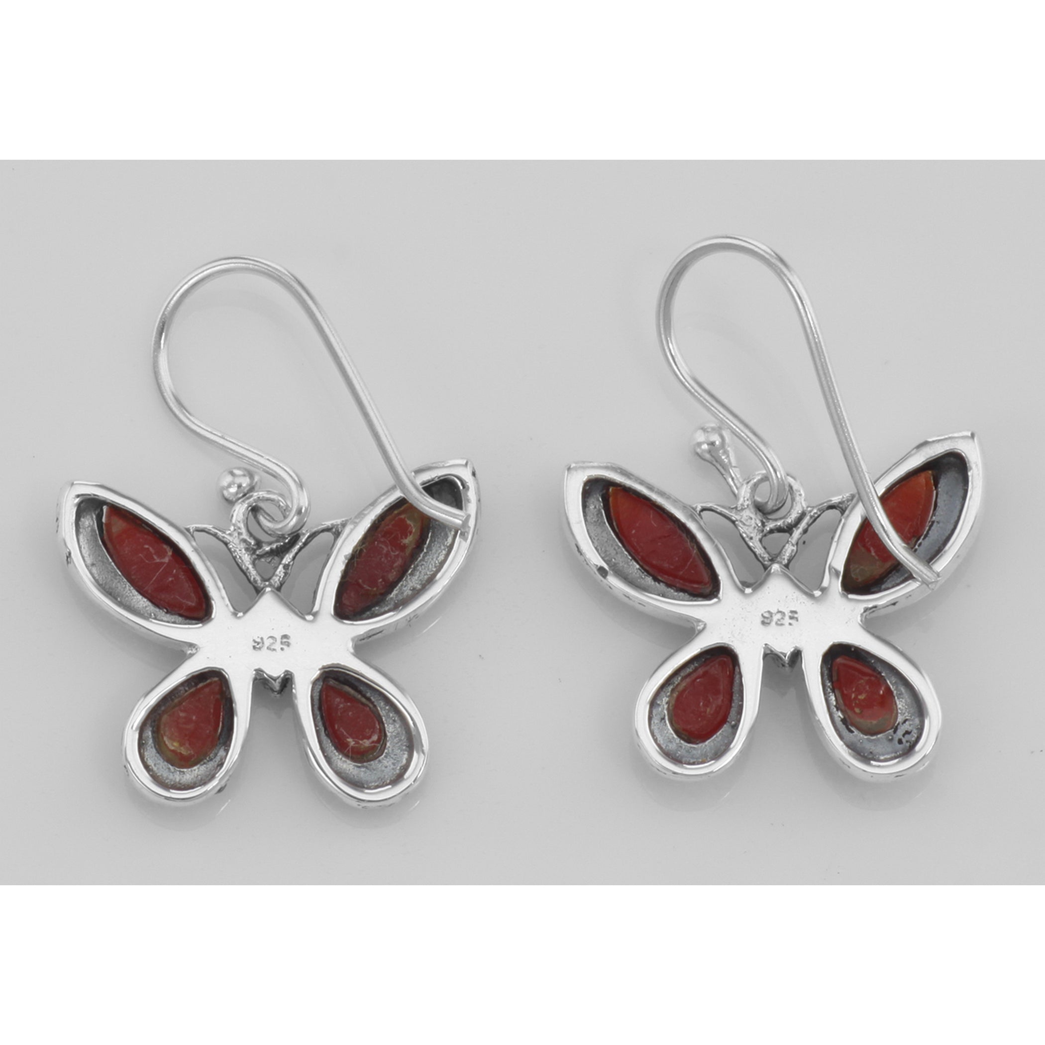 Back view of Red Carnelian Marcasite Butterfly Earrings showing 925 sterling silver hallmark and French wire hooks