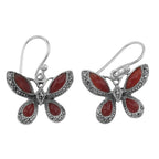 Sterling silver butterfly earrings with red carnelian stone wings and marcasite accents, oxidized finish, French wire hooks