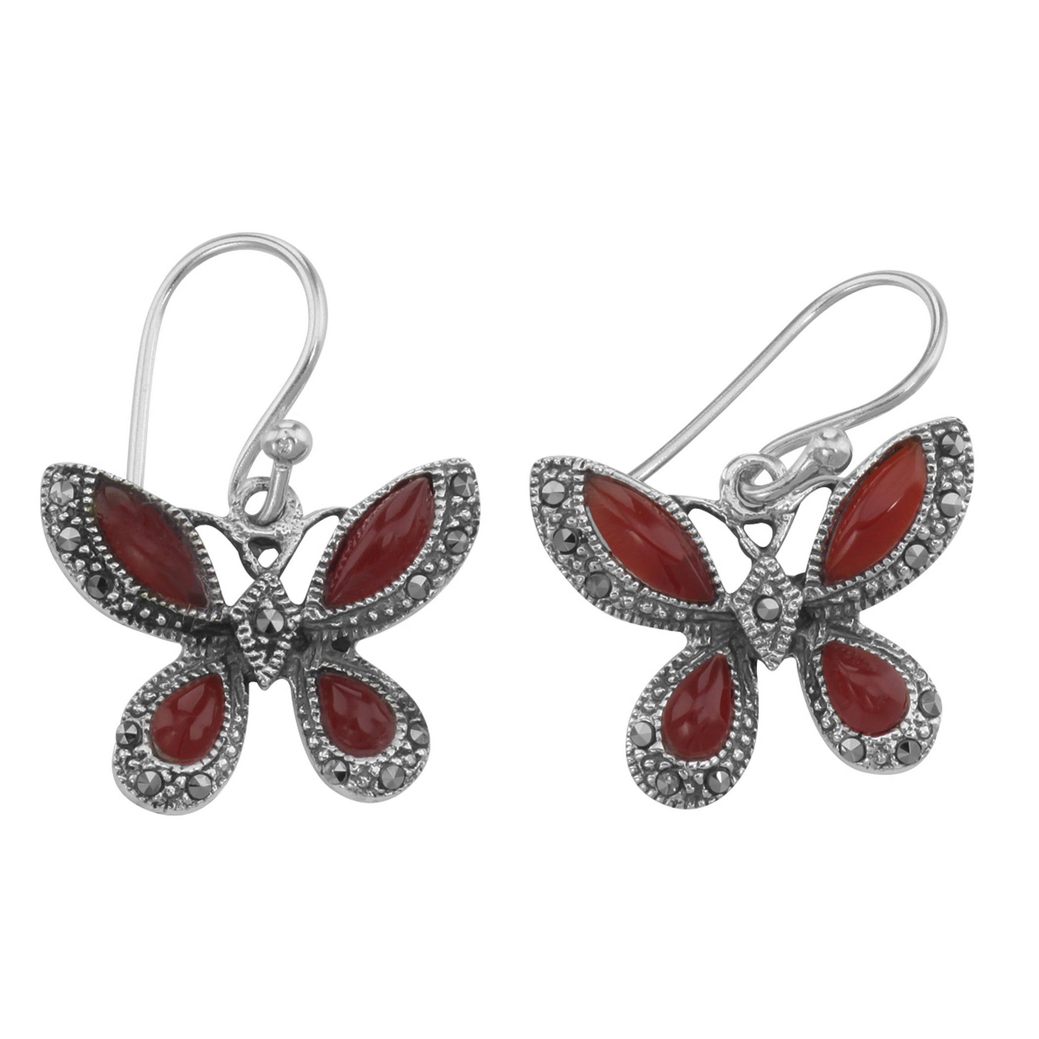 Sterling silver butterfly earrings with red carnelian stone wings and marcasite accents, oxidized finish, French wire hooks