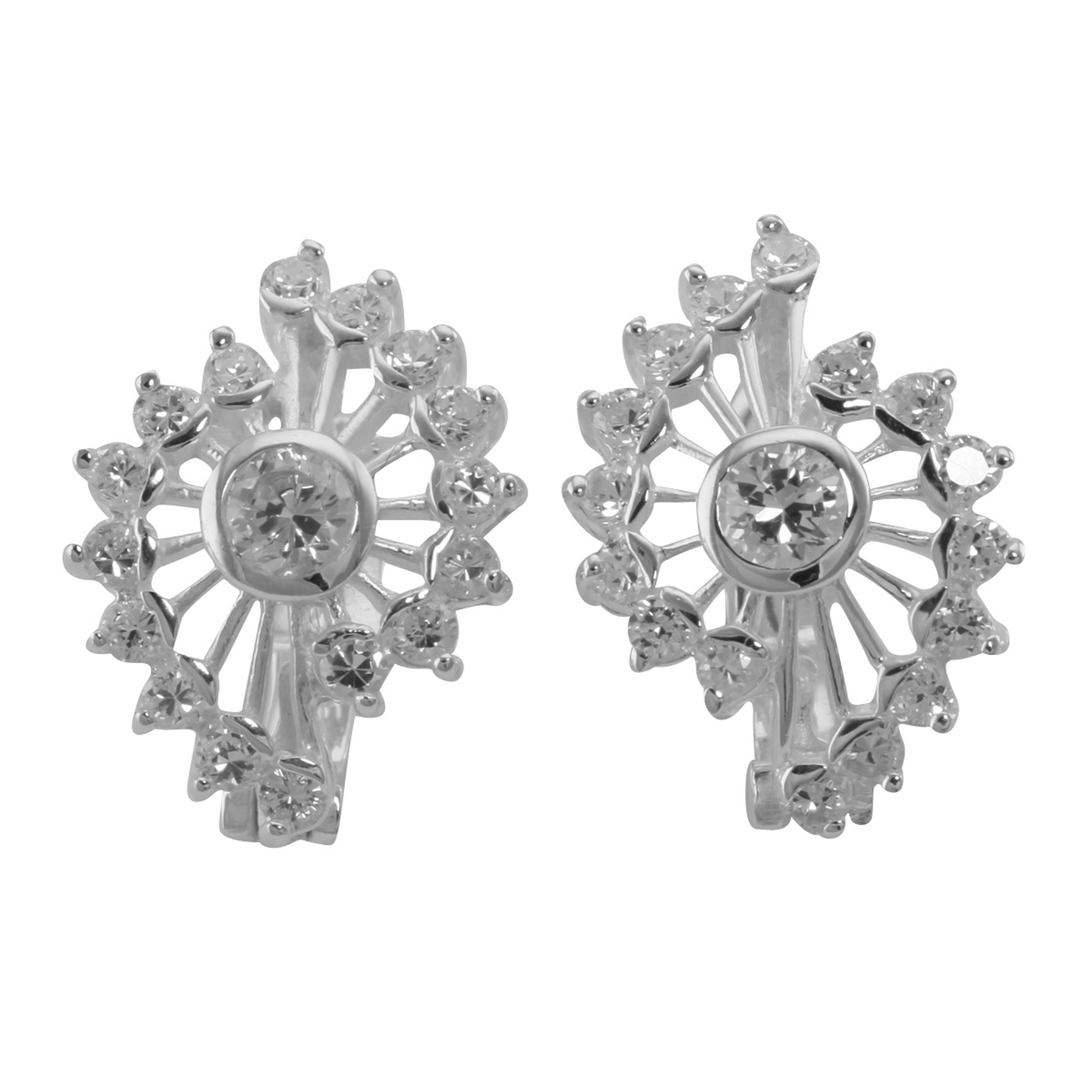 Sterling silver starburst CZ earrings, bezel-set round center cubic zirconia with prong-set CZ halo rays, omega clip backs