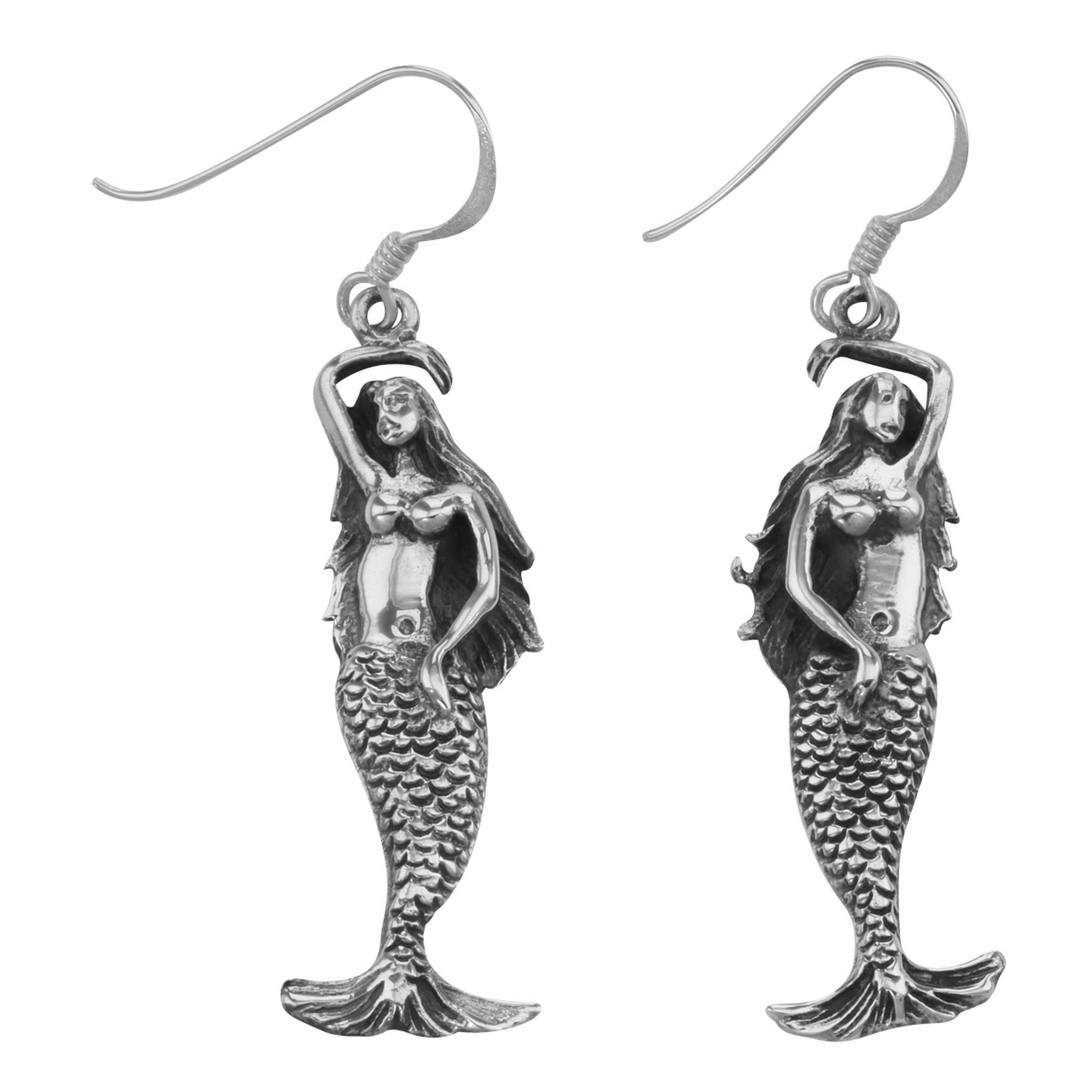 Sculpted 3D mermaid drop earrings with detailed scale tail and flowing hair, antiqued sterling silver, French wire hooks