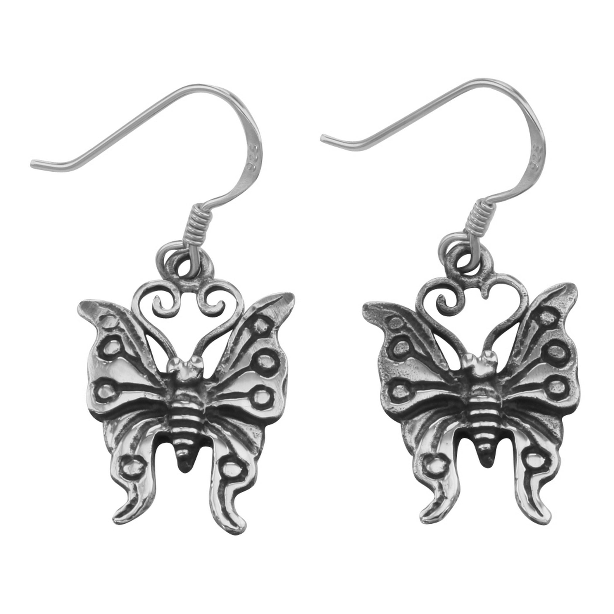 Openwork butterfly drop earrings with circular wing pattern and heart body, oxidized sterling silver, French wire hooks
