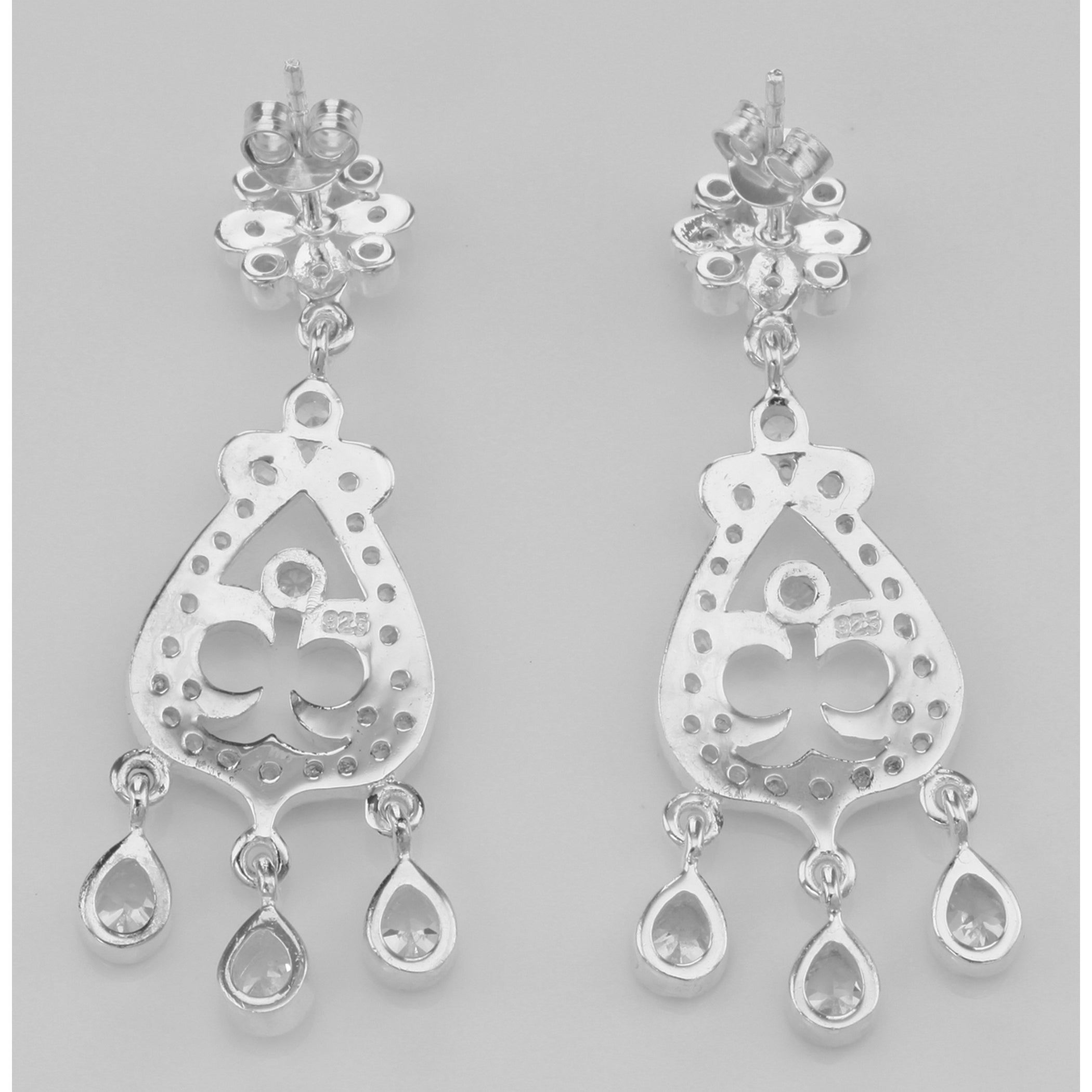 Back view of Beautiful Sparkling Cubic Zirconia Dangle Earrings showing 925 sterling silver hallmark and French wire hooks