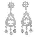 Sterling silver CZ chandelier earrings, floral stud top, openwork teardrop body with clubs cutout and three pear CZ drops