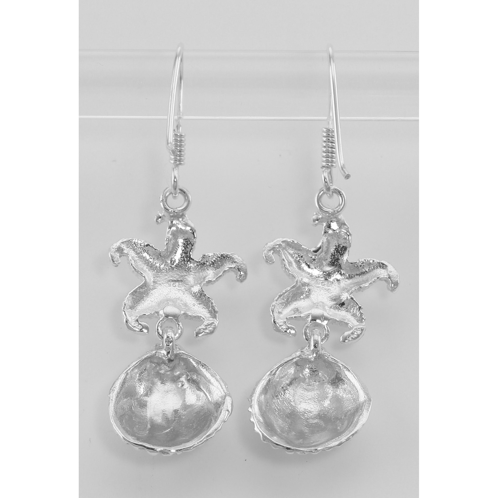 Back view of Sparkling Starfish and Shell Earrings showing 925 sterling silver hallmark and French wire hooks
