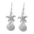 Sterling silver starfish and shell dangle earrings, textured starfish atop scallop pendant, polished, French wire hooks