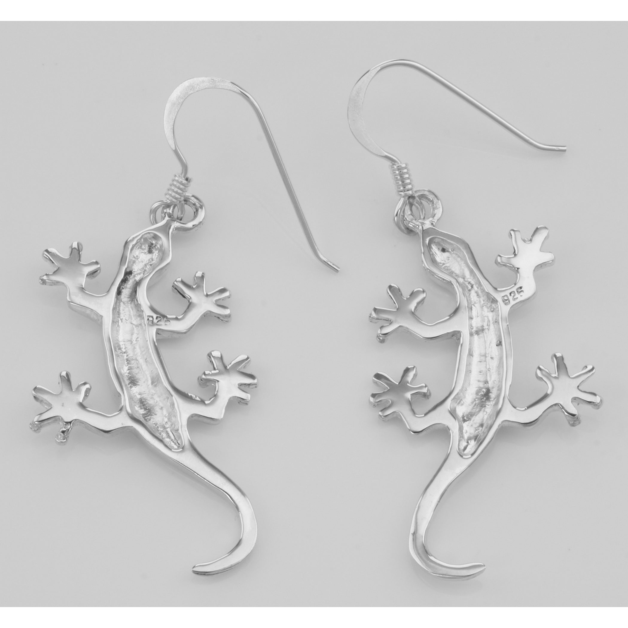 Back view of Fun Gecko Lizard Earrings showing 925 sterling silver hallmark and French wire hooks