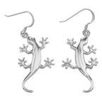 Sterling silver polished gecko lizard drop earrings, smooth body with splayed feet and curved tail, French wire hooks
