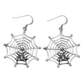 Sterling silver spider web dangle earrings, lattice web with spider at center, antiqued oxidized finish, French wire hooks