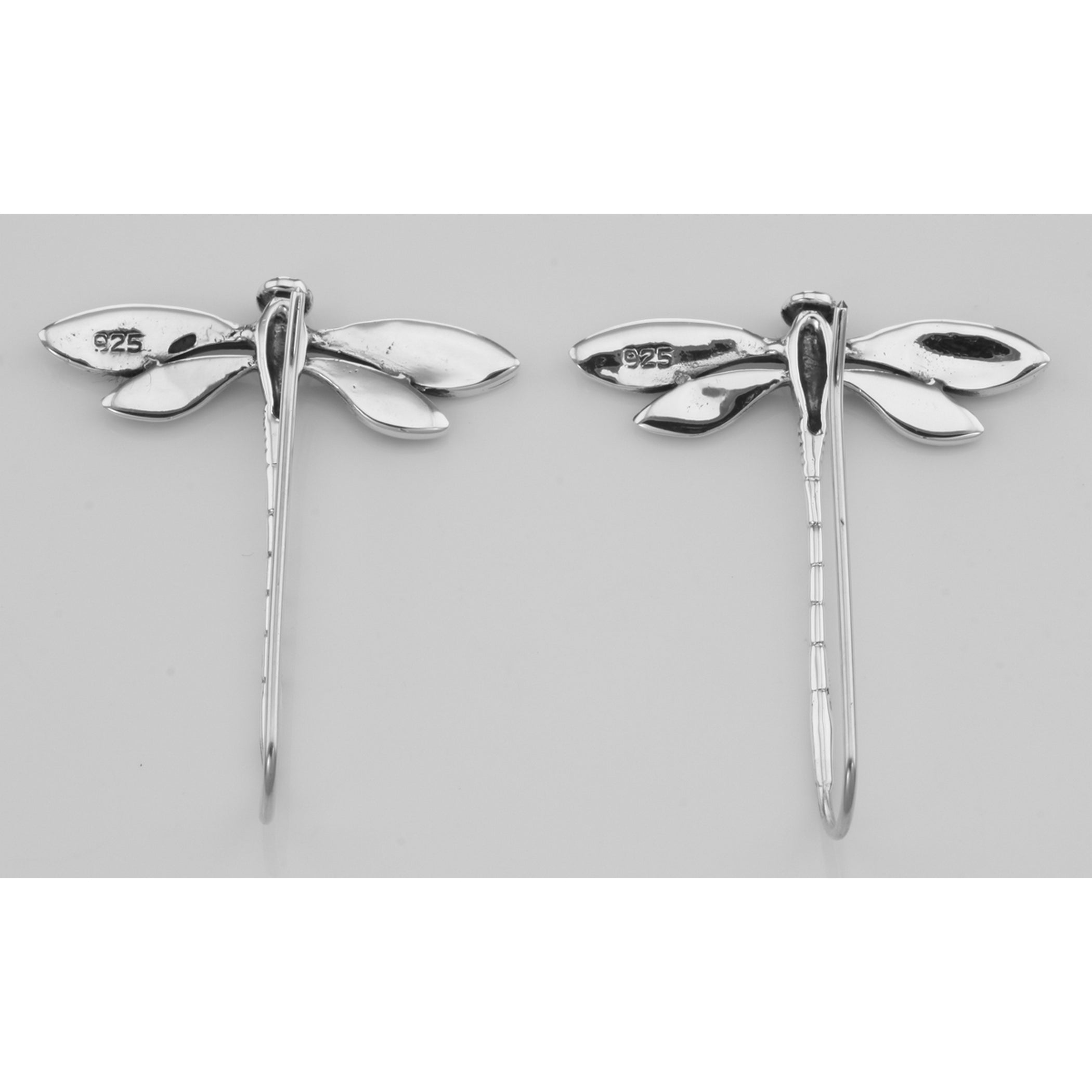 Back view of Unique Dragonfly Earrings showing 925 sterling silver hallmark and French wire hooks