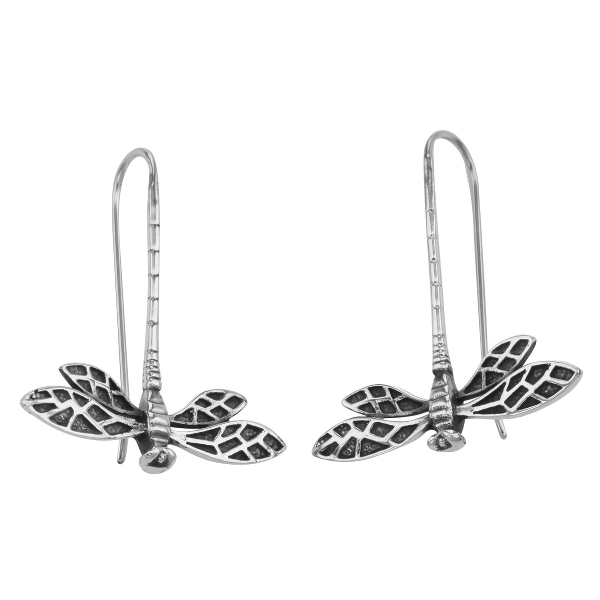 Sterling silver dragonfly dangle earrings, openwork veined wings with oxidized finish, slim segmented body, French wire hooks