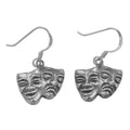 Sterling silver theater mask earrings, comedy and tragedy dual masks on each, antique oxidized finish, French wire hooks