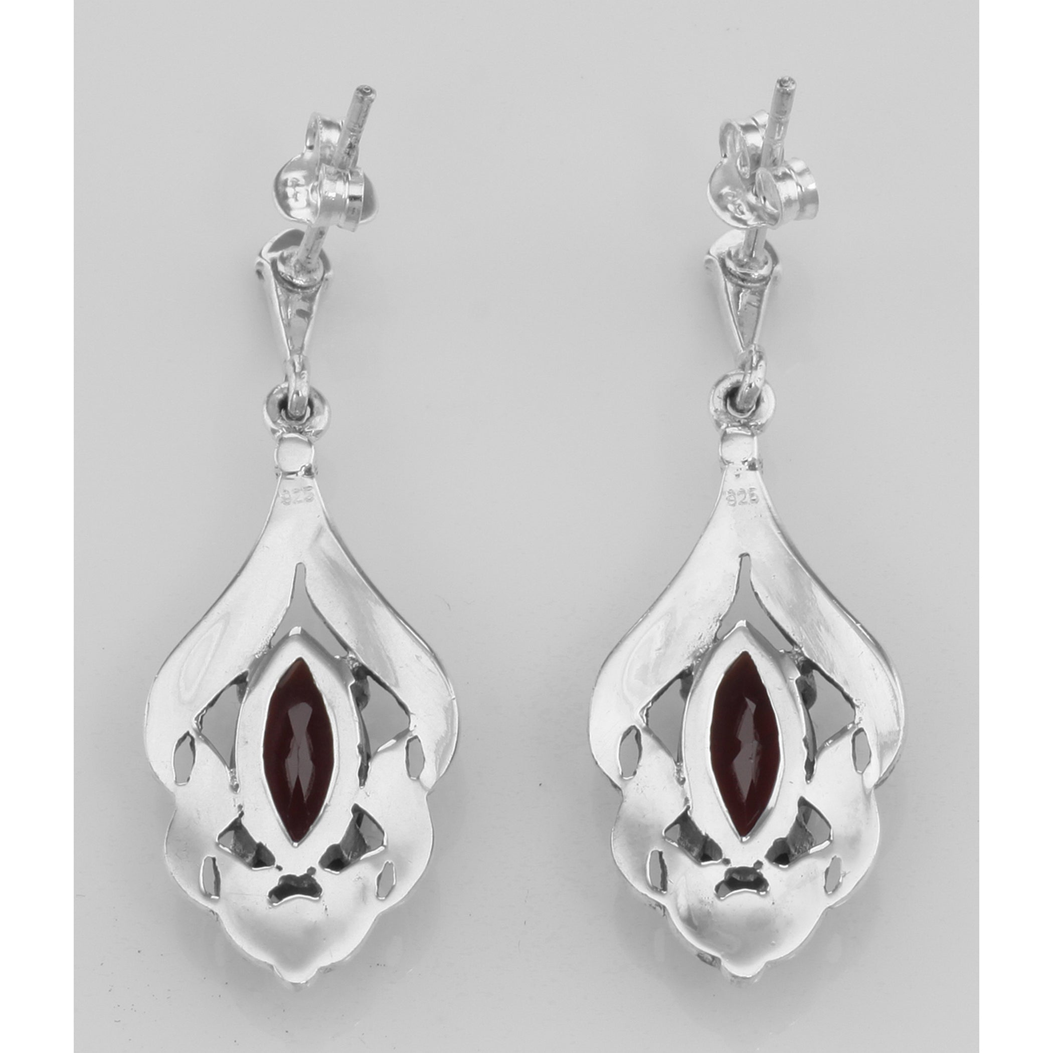 Back view of Blue Topaz Marcasite Antique Style Earrings showing 925 sterling silver hallmark and French wire hooks