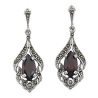 Antique style drop earrings with marquise red stone in openwork marcasite filigree, oxidized silver, post and ring top