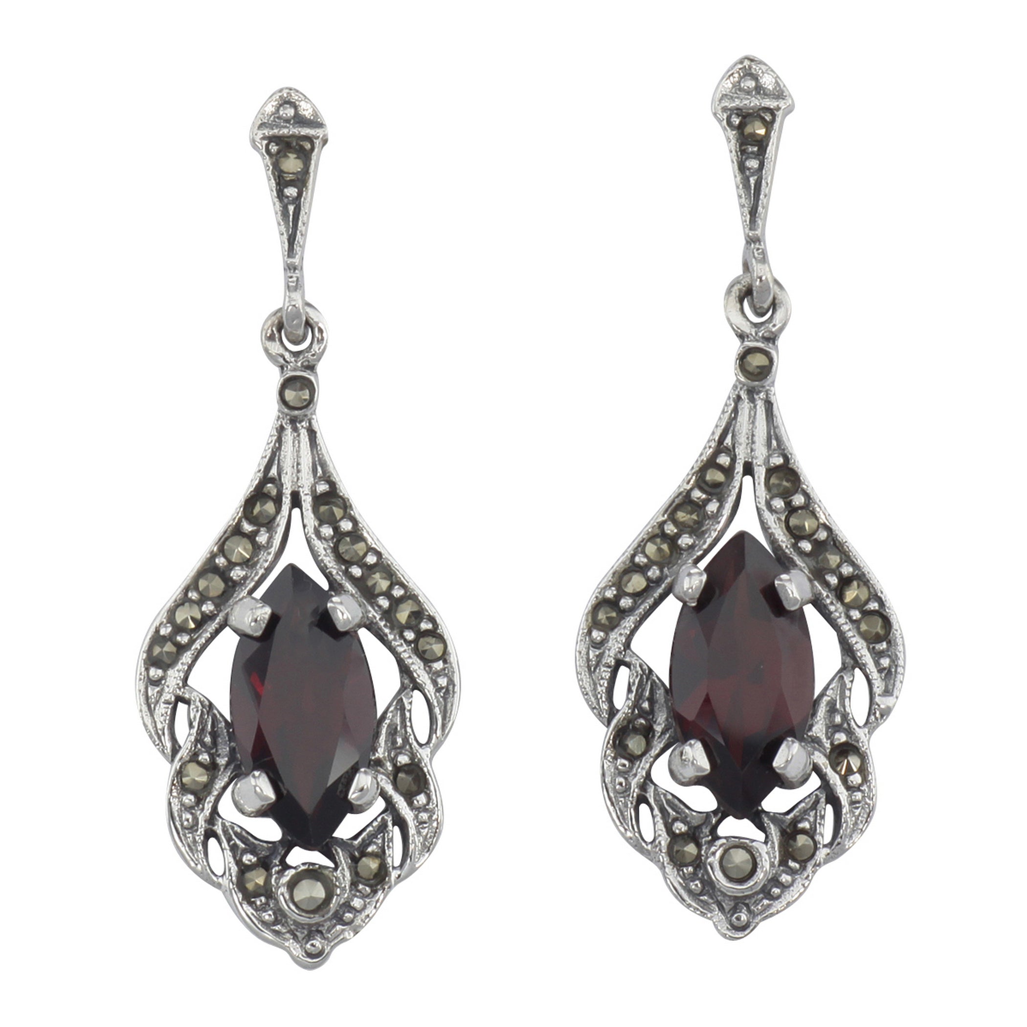 Antique style drop earrings with marquise red stone in openwork marcasite filigree, oxidized silver, post and ring top