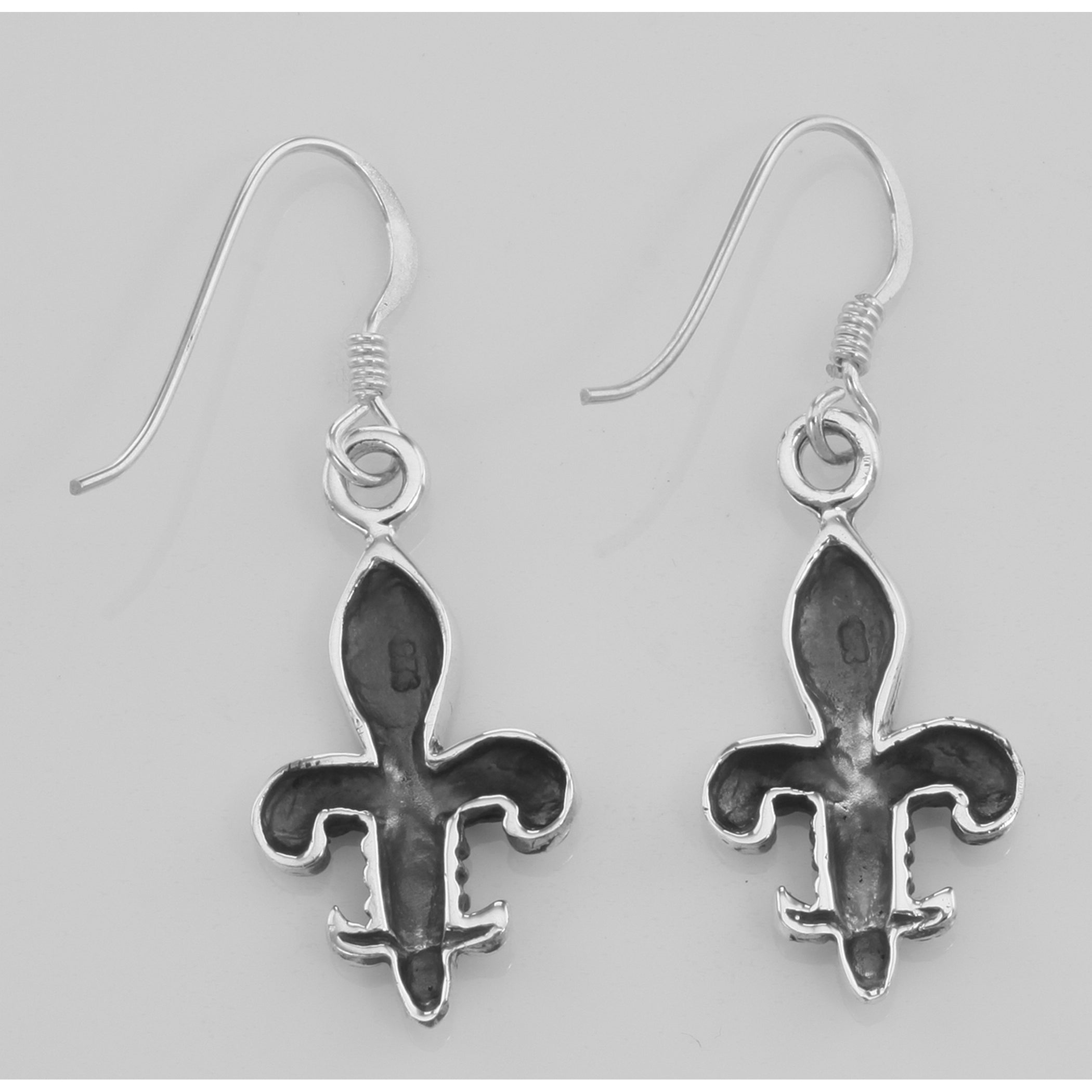 Back view of French Wire Classic Fleur de Lis Earrings showing 925 sterling silver hallmark and French wire hooks