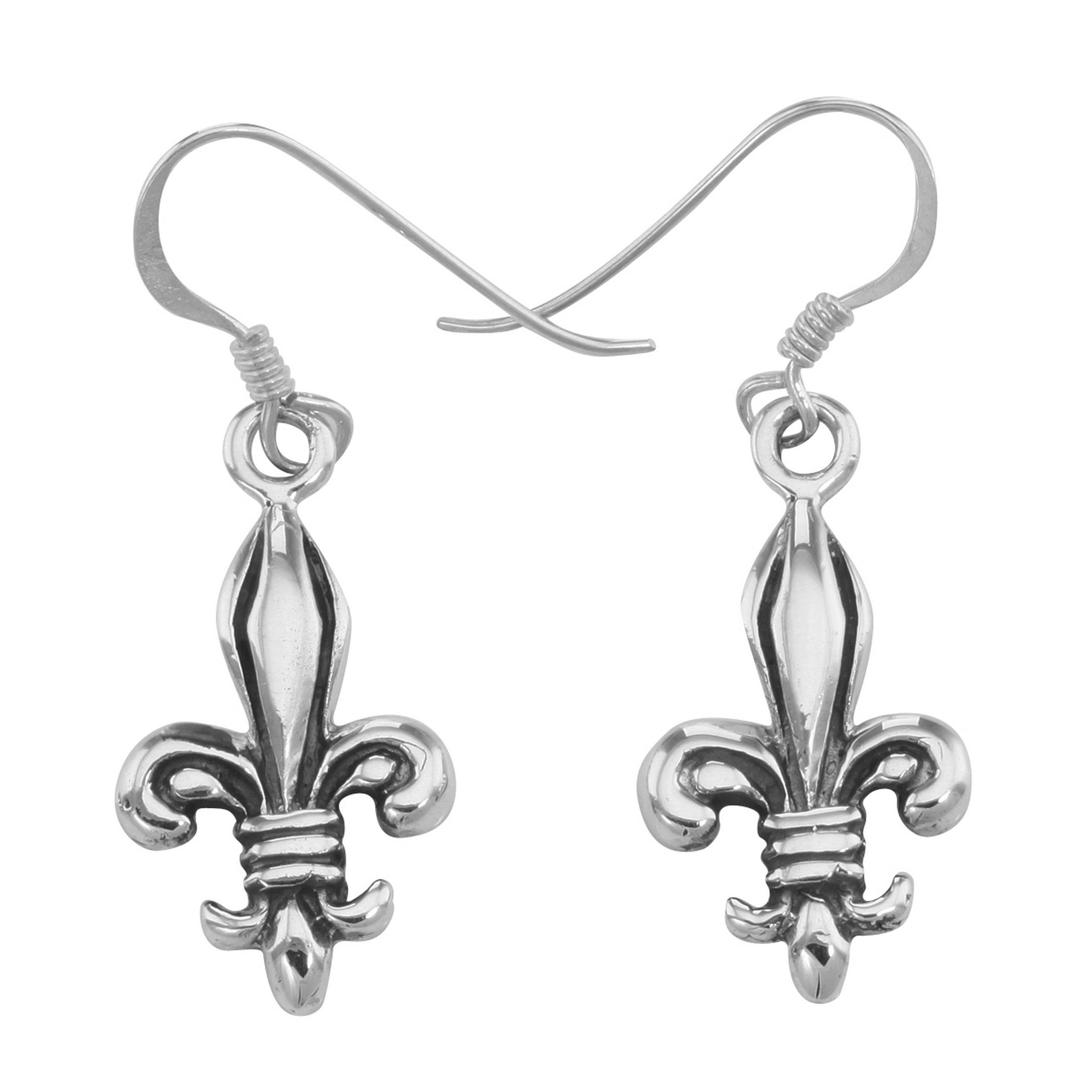 Sterling silver fleur de lis drop earrings, bold heraldic symbol with oxidized antiqued accents, French wire hooks