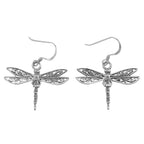 Sterling silver filigree dragonfly dangle earrings, open scrollwork wings, detailed body, polished, French wire hooks
