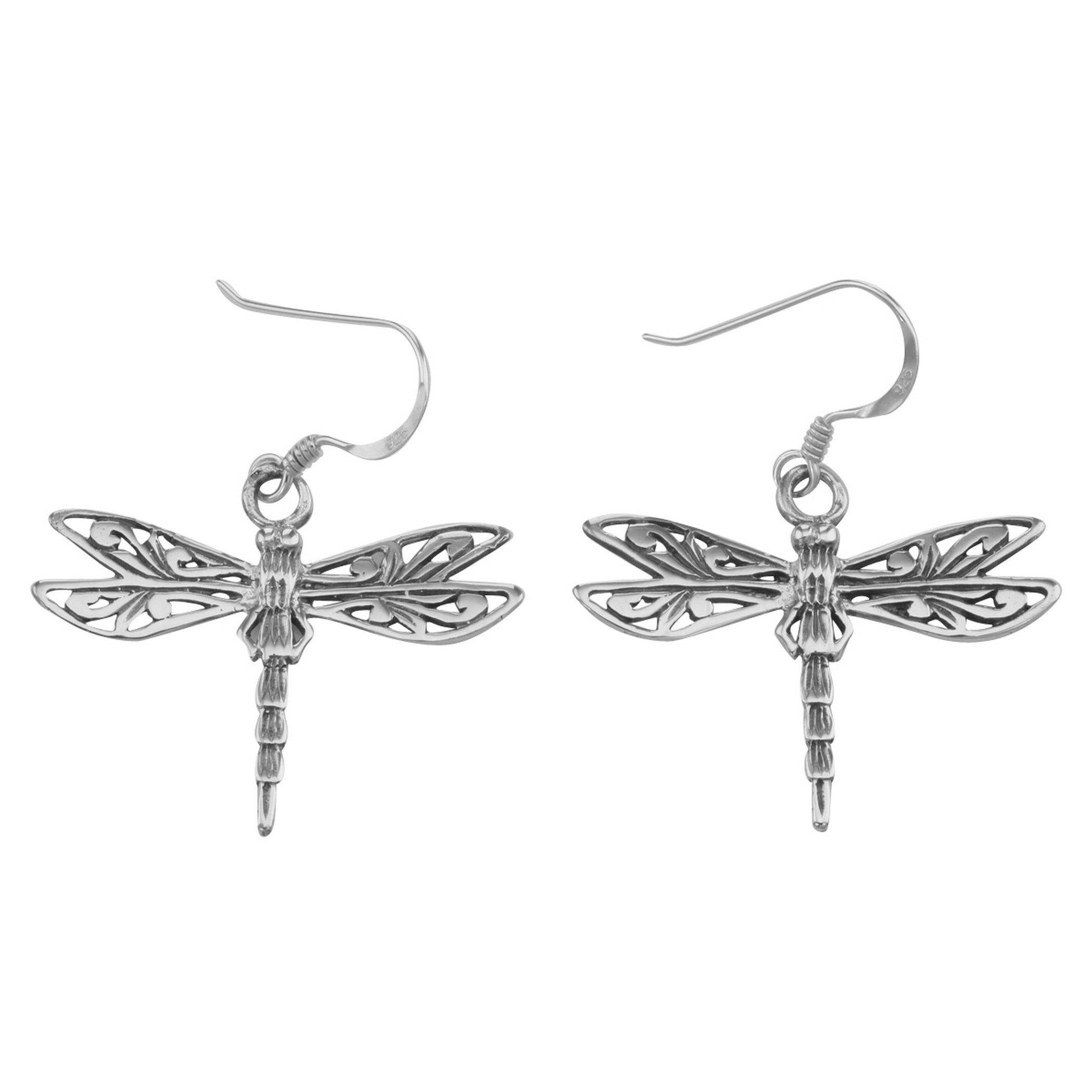 Sterling silver filigree dragonfly dangle earrings, open scrollwork wings, detailed body, polished, French wire hooks