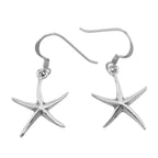 Polished sterling silver starfish drop earrings, smooth slim tapering five-pointed arms, bright finish, French wire hooks