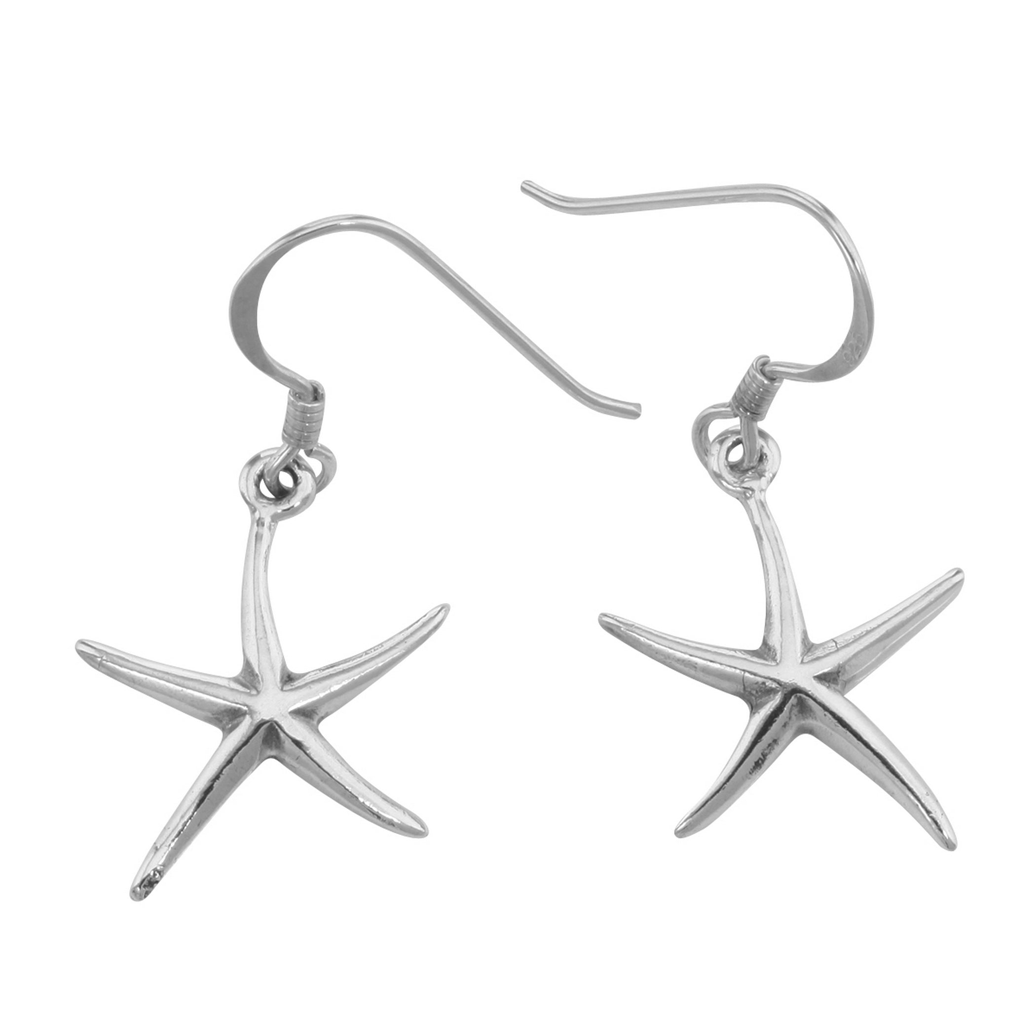 Polished sterling silver starfish drop earrings, smooth slim tapering five-pointed arms, bright finish, French wire hooks