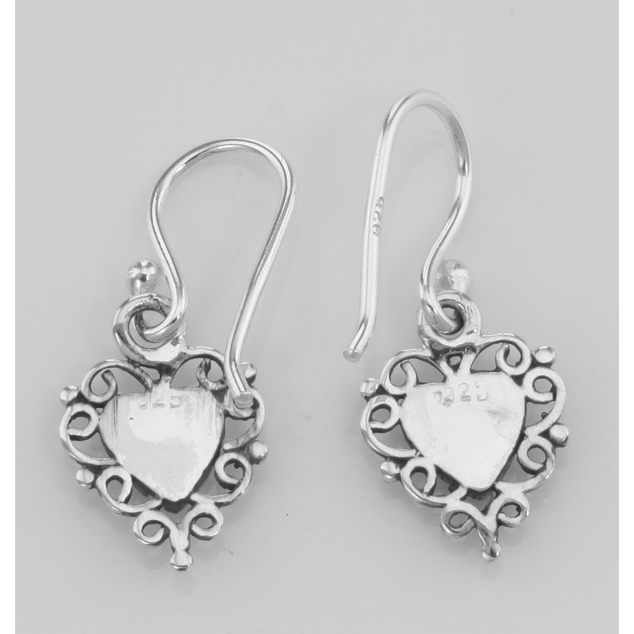 Back view of Cute Heart Earrings w/ Stone showing 925 sterling silver hallmark and French wire hooks