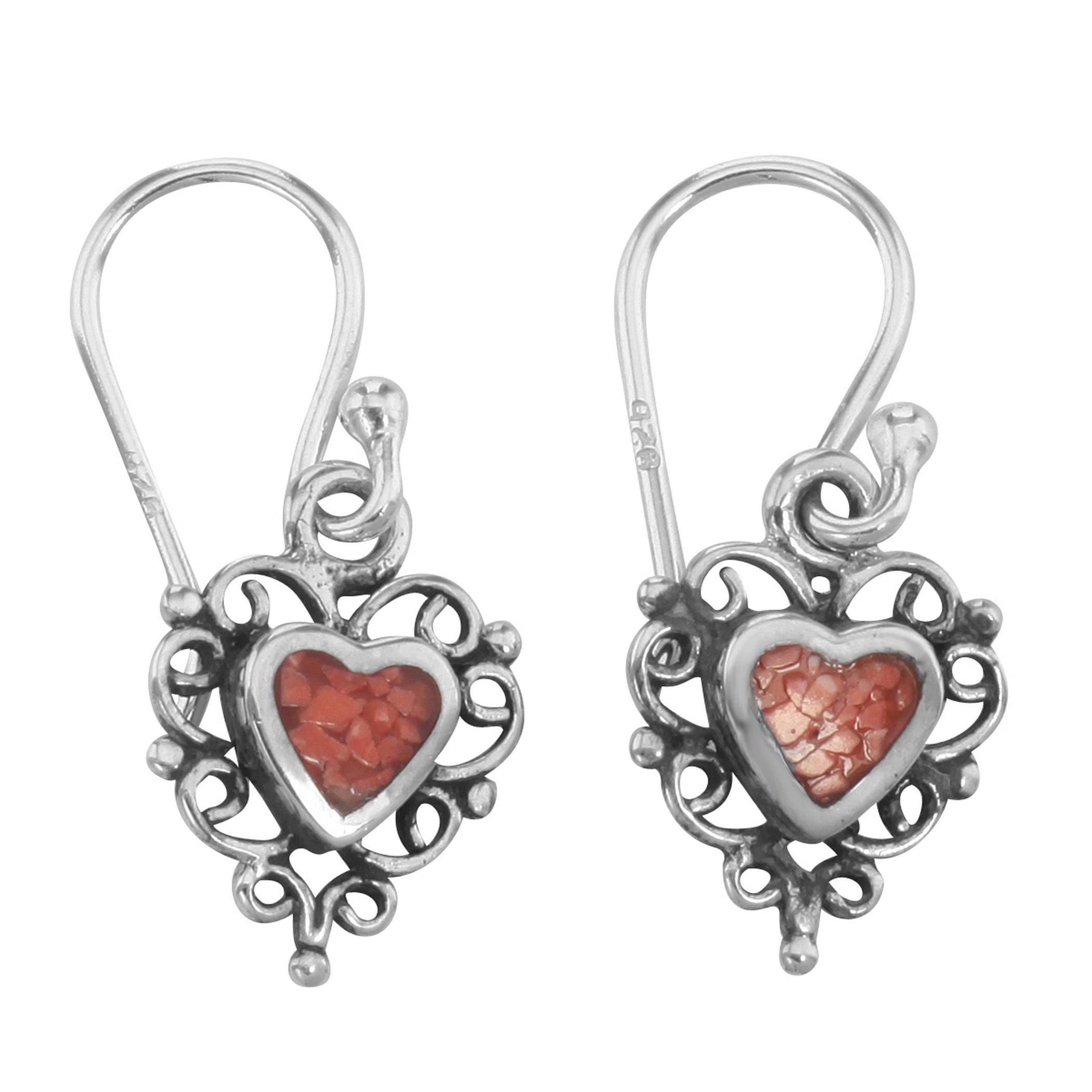 Sterling silver heart drop earrings with coral-pink stone inlay, oxidized silver scroll filigree border, French wire hooks