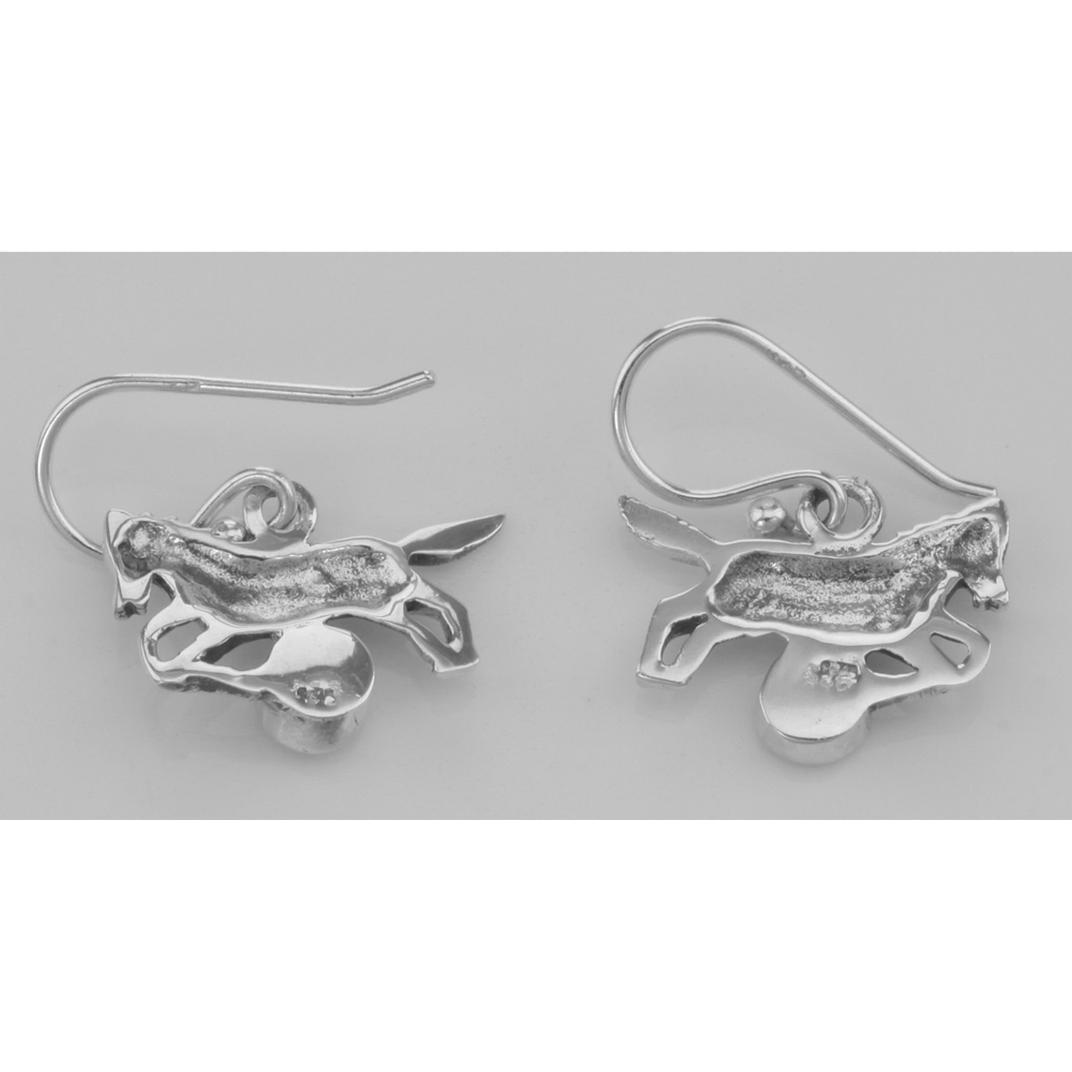 Back view of Horse Earrings with Pink Mother of Pearl showing 925 sterling silver hallmark and French wire hooks