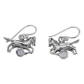 Sterling silver running horse earrings with pink mother of pearl stone, detailed equine silhouette, French wire hooks