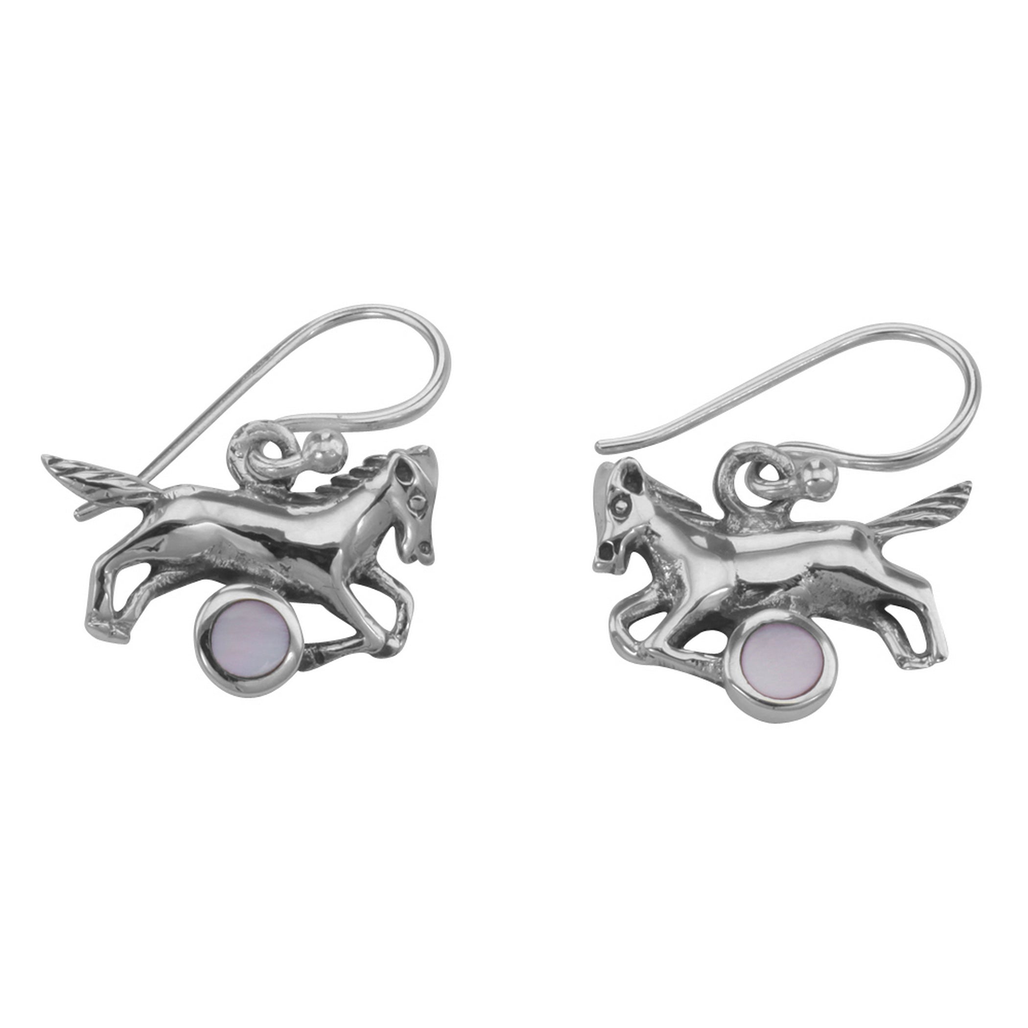 Sterling silver running horse earrings with pink mother of pearl stone, detailed equine silhouette, French wire hooks
