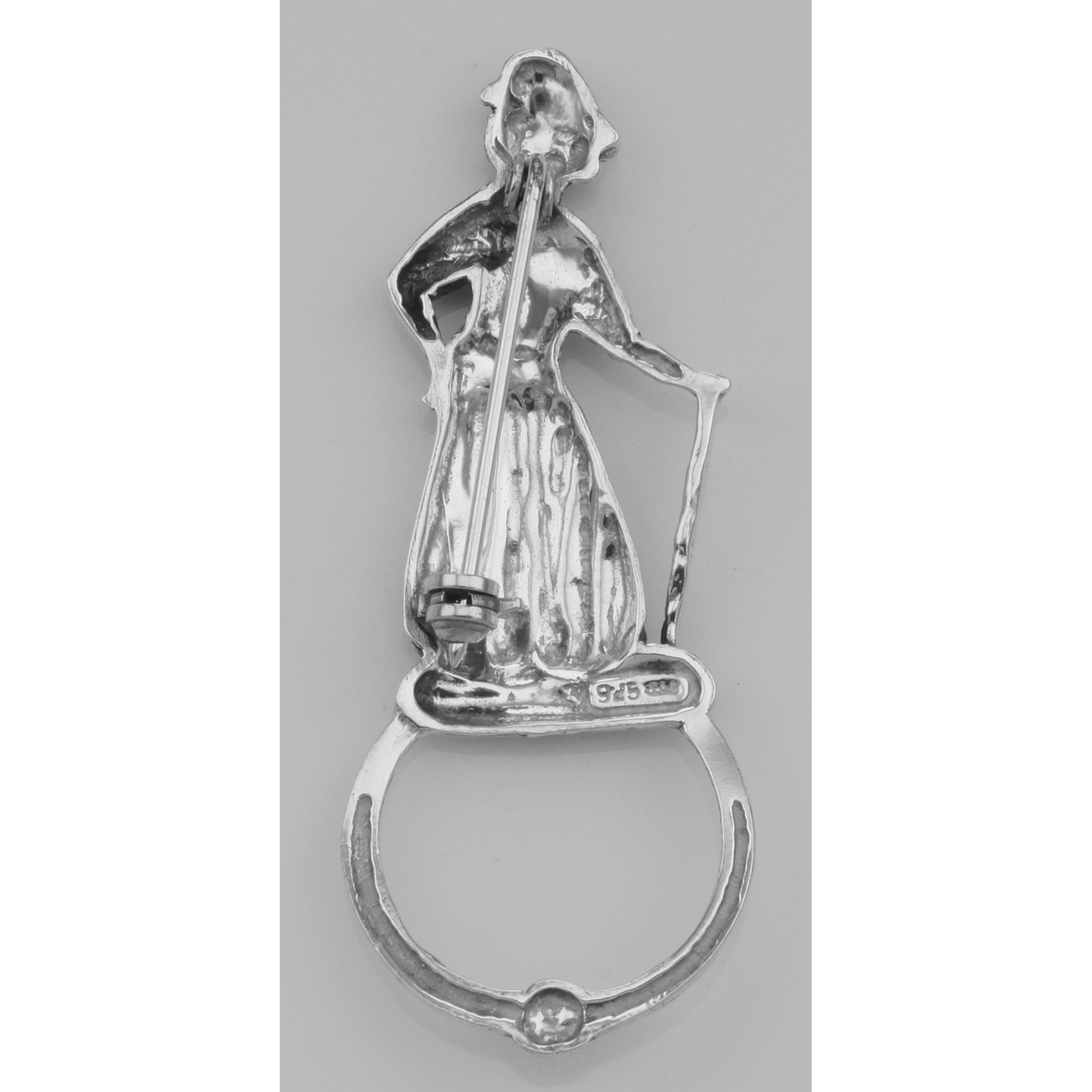 Back view of Eyeglass Holder Pin Eye Glass Loop Brooch Lady Golfer Sterling Silver showing 925 sterling silver hallmark and p